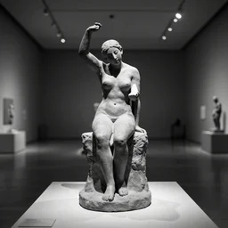 single clay museum sculpture, no pedestal, symbolic representation of restraint, in a large hall, ambient lighting, single bright spotlight, black - and - white museum catalog photograph