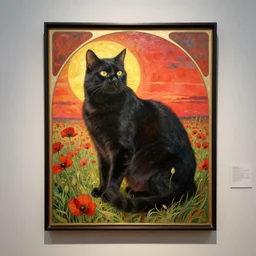 a masterpiece painting by alfons mucha exposed at the louvre : a big black cat taking the sun in a poppy field with a red sunset in the background, crips details, very detailled,