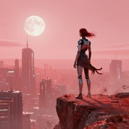 A cyborg lady with her cat standing on her shoulders, standing on a cliff looking down at a futuristic city, with the atmosphere colored pale red, with dust particles and grains of wind blowing, and the moon is closely seen in the sky.