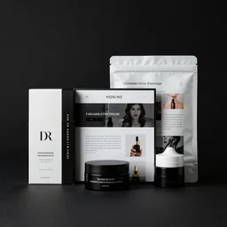 a range of sophisticated high - fashion web - like cosmetic packaging on a black background, product shot, studio lighting