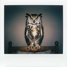 disturbing paranormal polaroid of a singular gigant owl perched on the bed headboard, his looking at the camara with menacing eyes, creepy atmosphere