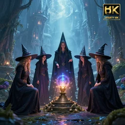witches and wizards standing around a magical artefact in an ethereal elven city ,highly detailed, 4k, HDR, award-winning, artstation, octane render