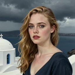 Elle Fanning in Santorini at night, head and shoulders portrait, stormy weather, extremely detailed masterpiece, Roger Deakin’s cinematography, illustration, by Norman Rockwell,