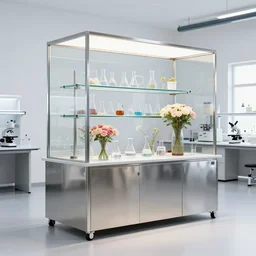 flower shop by white science labotory made of stainless steel and glass, labotory equipment, minimal