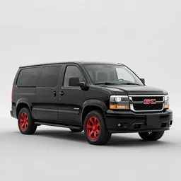 black 1 9 8 3 gmc van with red spoke alloy wheels, full length, photorealistic, 4 k, sharp, very detailed, high resolution, rendered in unreal engine 5
