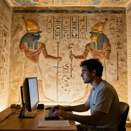 a man using a computer, artwork by ancient egyptian mural, tomb, fresco, register, hieroglyphics.