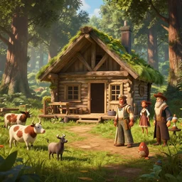 a cabin in the woods with farm animals and friendly people, clash royal style characters, unreal engine 5, octane render, detailed, cinematografic, cinema 4 d, artstation trending