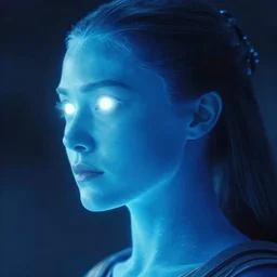 Movie still frame from a super-hero blockbuster showing the glowing blue face of a CGI character in profile. She is a human superhero with ethereal glowing blue translucent skin. She has solid white glowing eyes with no visible pupils.
