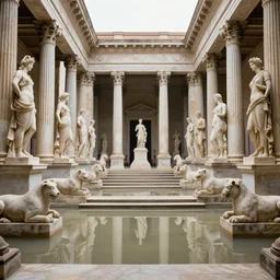 photo piranessi symmetry of flooded vast infinite classic halls and beautiful human statues with many huge marble staircases minotaur gods helenistic classic statues sculptures decrepit derelict abandoned - t