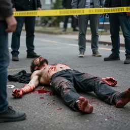 a photorealistic image of a man without eyes and with his limbs sliced off, dead, with blood all over him, and some people doing a crime scene