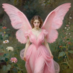 one pink fairy with large beautiful wings exploring her lonely flower garden by herself in the style of tom bagshaw, william bouguereau, extremely detailed, muted colors, symmetrical face, large eyes, beautiful face, epic scene, flowing gowns