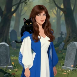 elegant concept art illustration of a young beautiful cristina kirchner wizard with long brown hair and a black cat over her shoulders. blue and white robes. sharp focus. by greg rutkowski and alphonse mucha, surrounded by graveyards