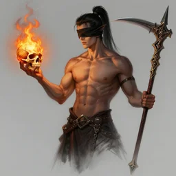 concept art sketch, demonic muscular shirtless male night elf blindfolded with a black ponytail. in one hand he holds a flaming skull, in the other hand he holds an ornate enchanted scythe. trending on artstation, high quality concept art sketch