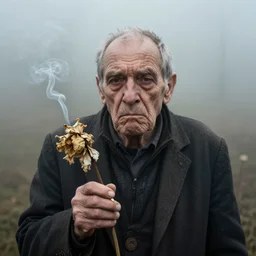 photographic portrait of wrinkly sad max ernst dried melting flower with spiraling cigarette smoke, in fog, medium long shot