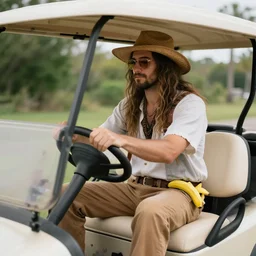 a hippie driving a golf cart with a banana in his pocket photo