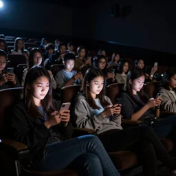 people in a full dark movie theatre playing on their cellphones