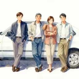 watercolor people leaning against a car