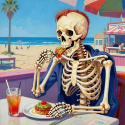 a colorful painting of a cool anatomical skeleton eating raman at long beach, high noon