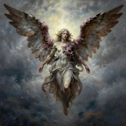 portrait oil painting, an ethereal rotting angel with large rotting decaying wings descending from a stormy sky, ultra realistic, wide angle, intricate details, artifacts, luminous skies, highly detailed, michael cheval, peter mohrbacher, boris vallejo, jessica rossier, oil painting, highly detailed, cinematic lighting