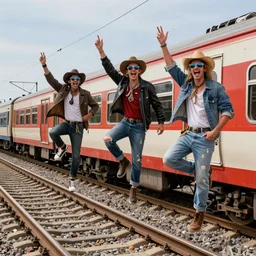 Gutter punks hopping a train on the interdimensional railway. Detailed 8k masterpiece.