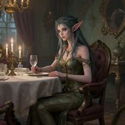 An archfey from the Feywild sitting in their dining room alone, 8k resolution, digital art, highly detailed
