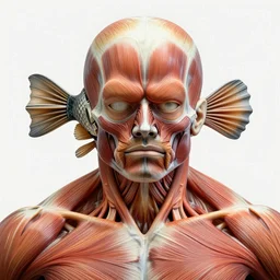 high resolution close up of garden face made gills fins of muscles face fishes morphed head scales muscular body face molecules biceps triceps, morphing muscles bodies strong strongest muscles merged with muscular body