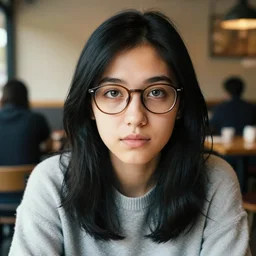 a photograph of a nerdy young woman from ucla wearing a sweater, sitting in a cozy cafe, black hair, dof, sharp focus, highly detailed face, symmetric face, realistic iris, cinestill 8 0 0 t, photography by slim aarons