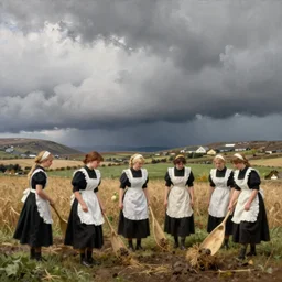a group of scandinavian maidens working in the fields, painting by sargent and leyendecker and greg hildebrandt savrasov levitan above the low clouds on madeira faroe azores islands overcast thunder storm
