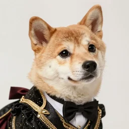 anthropomorphic dog with small ears wearing an elegant costume from 1 9 9 0 era, small ear, realistic, ryohei hase, artgem