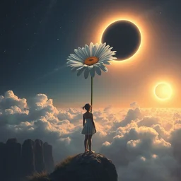 giant white daisy flower over the head, girl standing on cliff, surreal photography, solar eclipse, milky way, dramatic light, impressionist painting, clouds, digital painting, artstation, james gilleard, liam wong, jeremy mann, simon stalenhag
