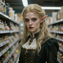 an ultra realistic, cinematic, fantasy, portrait, of an evil elf, elden ring, soft light, dreamy, facial features, stood in a supermarket, with victorian clothing, detailed, deep focus, movie still, dramatic lighting, ray tracing, by michal karcz and yoshitaka amano