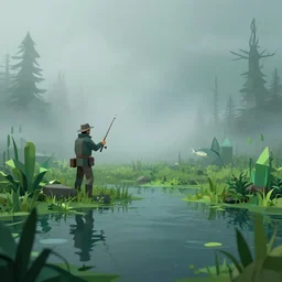 concept of artistic swamp with mystic fog, water on the foreground and fisher with fishing rode, from horror movies, artstation, lowpoly vegetation