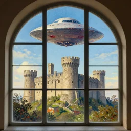 a church window painting of a ufo flying above a medival castle.