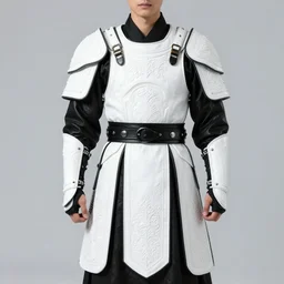 fashion model with white ancestral ornate medieval tactical gear, black leather samurai garment, long shot, dark abandoned cyberpunk city, by irving penn and storm thorgerson, ren heng, peter elson,