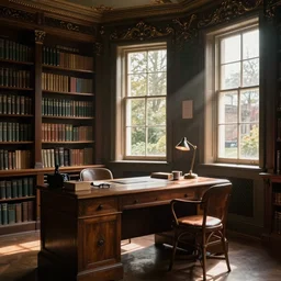 Working desk in the middle of a Victorian library, morning sun coming through the windows, top post on CozyPlaces subreddit