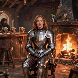 panorama kate beckinsale weared in full plate armor, sit in fantasy tavern near fireplace, behind bar deck with bear mugs, medieval dnd, colorfull digital fantasy art, 4k