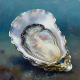 a painting of a massive oyster sitting on the ocean floor with a shiny pearlescent pearl inside of it, oil on canvas, ambient lighting, underwater, portrait, sharpened, background blur, digital art, trending on artstation