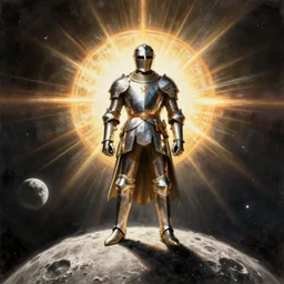 crusader knight standing on the moon, vintage sci - fi art, by bruce pennington