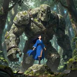 A sorceress in a blue robe rides the arm of a hulking stone golem through a forest. Fantasy anime, digital panting by WLOP.