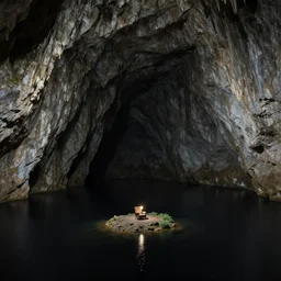 a huge cave, black lake, in the bottom center a tiny island in black water, on island a chair armchair under a tiny lightbulb, surreal, highly detailed, artstation, smooth, sharp focus, by greg rutkowski, 8 k