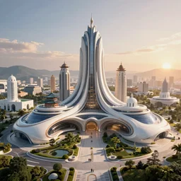 Utopia, sunrise over the perfect city-state, futuristic+natural-beauty, Greek+Japanese architecture, futuristic+utopian architecture