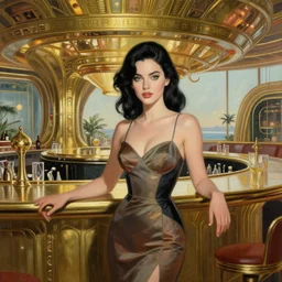 beautiful woman with black hair and green eyes. she is wearing a cocktail dress. she is in the bar of the atlantis paradise, a retro futuristic spaceship made of brass, art deco influence, hotel style design. clean, well composed painting by artgerm and greg rutkowski.