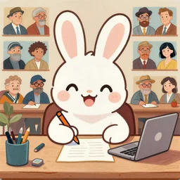 a gouache painting of a cute happy cartoon rabbit sitting at a desk writing on a paper, llustration, Alex Ross, josan gonzales, wlop, james jean, Victo ngai, David Rubín, Mike Mignola, Hergé, Joost Swarte, Moebius, Laurie Greasley, artgerm, highly detailed, sharp focus, Trending on Artstation, HQ, deviantart