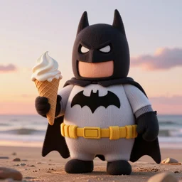a large knitted batman holding a delicious ice cream cone during sunset at the beach Trending on artstation, featured on Behance, well-rendered, Unreal Engine, 4K HD