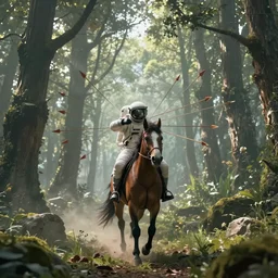 arrows struck astronaut riding a horse in a fantasy forest, landscape, morning ambience, cinematic, digital art, front lit, epic, cinematic