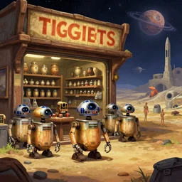 in front of a store that sells droids, in a remote outpost, on an alien planet, from a space themed point and click 2 d graphic adventure game, set design inspired slightly by hg giger and tomb raider, art inspired by thomas kinkade and bob ross and william lionel wyllie