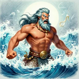 Proud and screaming Poseidon rising from the ocean, ready to fight, fantasy art, hand-drawing