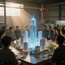 large group people in simple warehouse, looking at hologram of futuristic downtown on a table, cinematic concept art, godrays, golden hour, natural sunlight, 4 k, clear details, tabletop model buildings, center model tall buildings, hologram center, crane shot, crane shot, crane shot, clear details, windows
