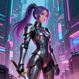 [ grimes in medieval cyberpunk armor ]! holding a [ sword in her hand ]! looking out into the [ futuristic cyberpunk city ]!, digital art style, anime style, trending on [ artstation ], 4 k, cgsociety contest winner, award winning, neon! lighting, neon subsurface scattering!, intricate, full - body!, volumetric lighting!