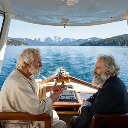 Plato discussing with Nietzsche on a boat in the Tahoe Lake, viewed from a plane